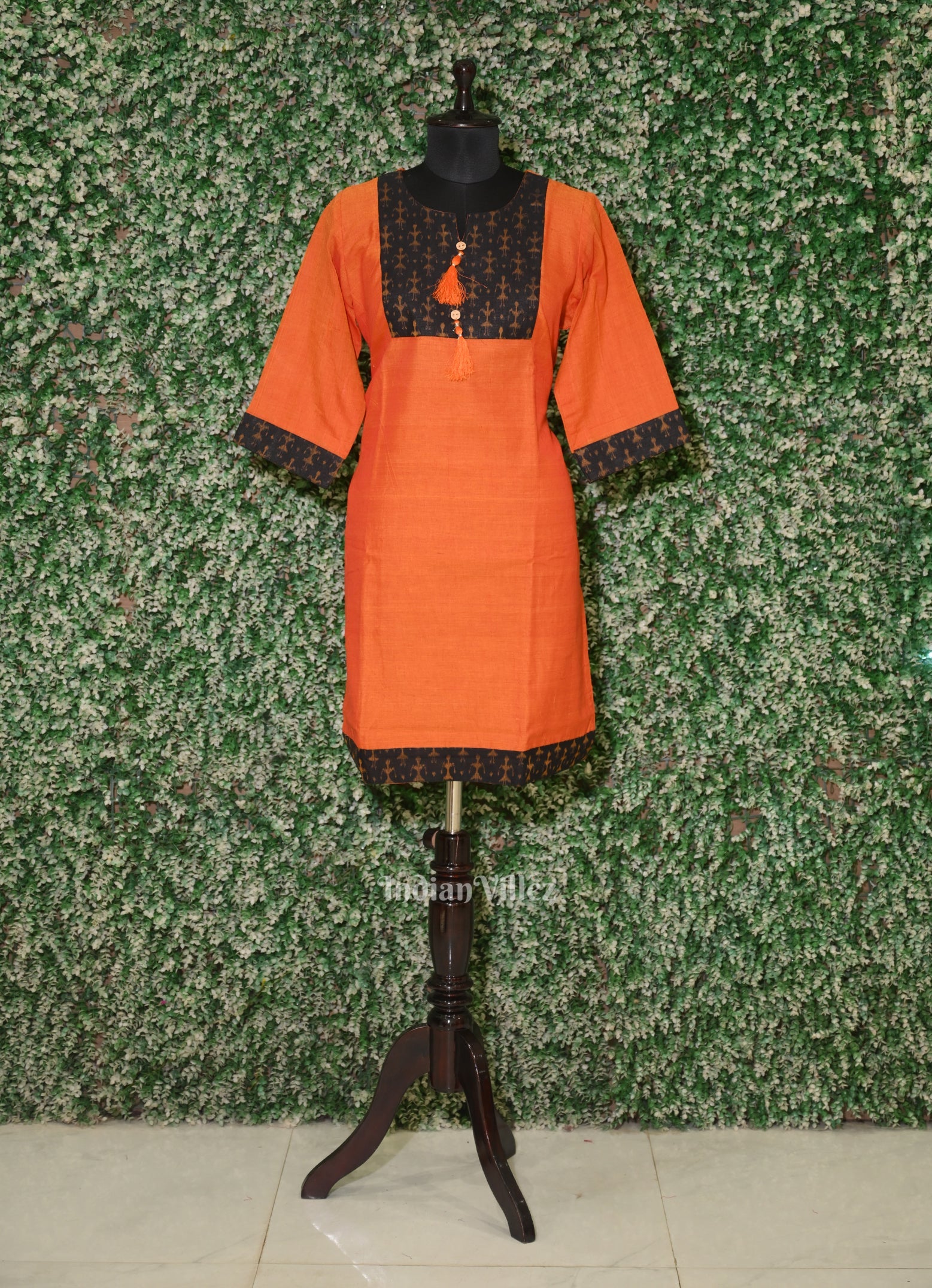 Orange Black Odisha Ikat Designer Cotton Kurti for Women