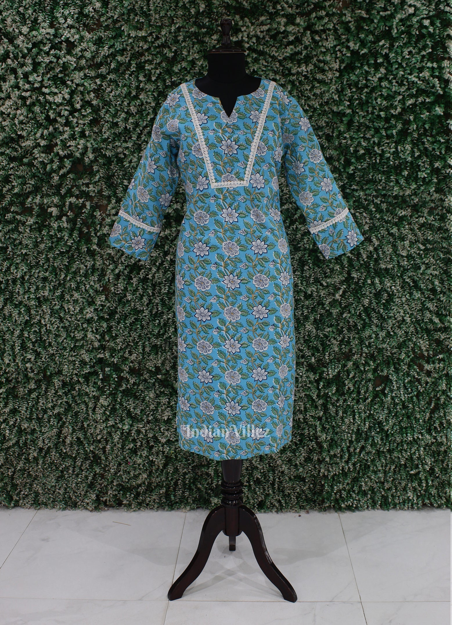 Sky Blue Floral Cotton Block Printed Kurti for Women