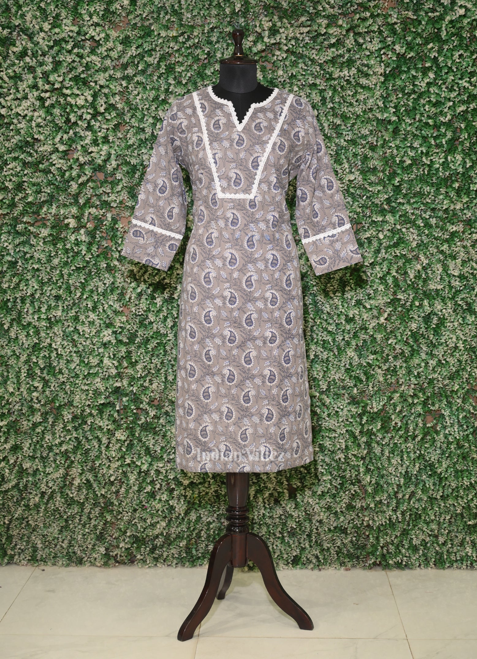 Gray Cotton Block Printed Kurti for Women
