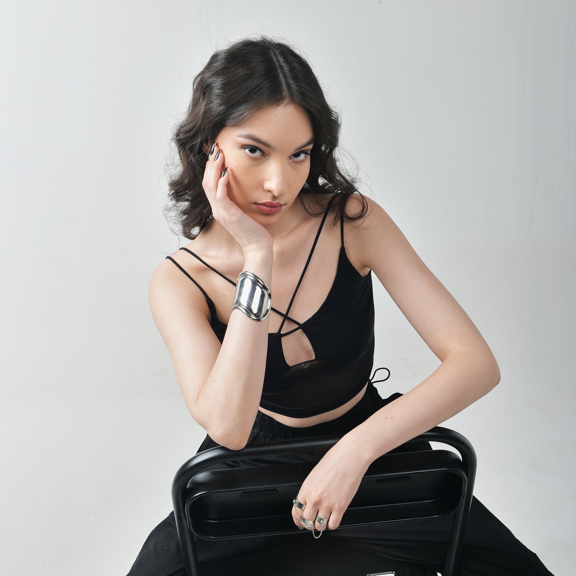 Mesh top and Black parachute pant set