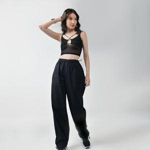 Black Mesh Top & Black Parachute Pants