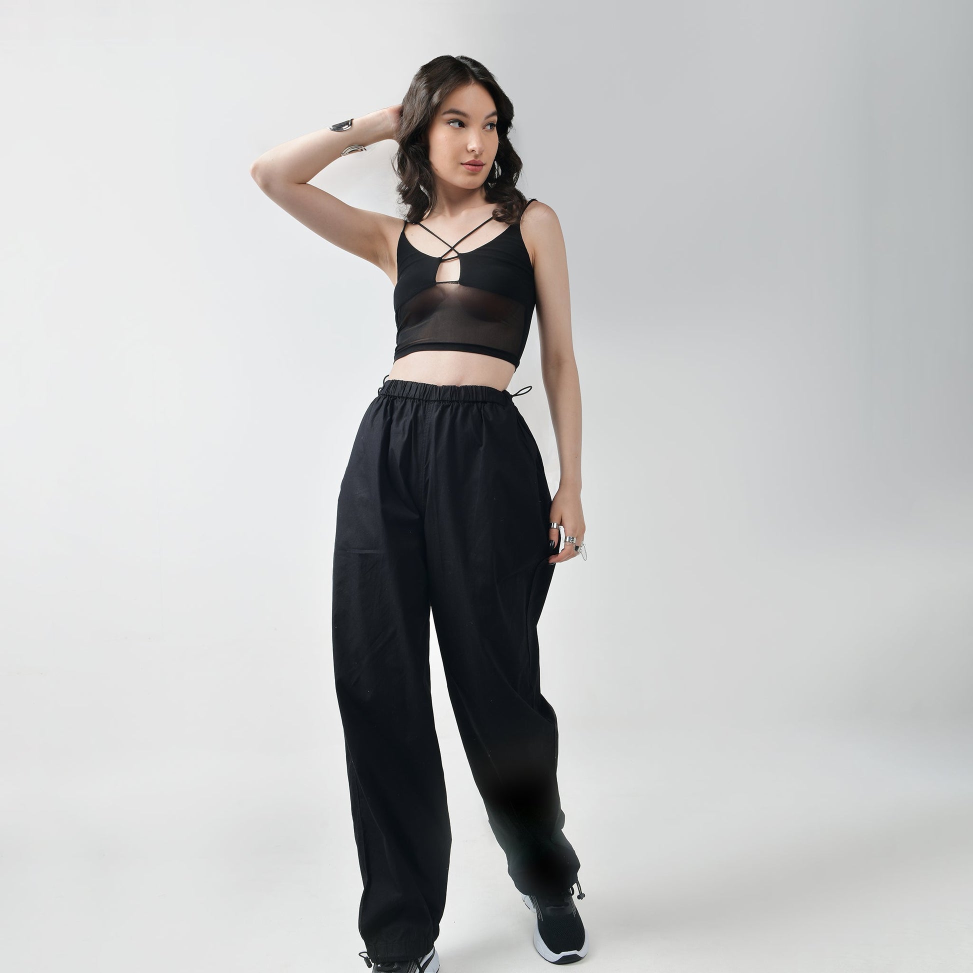 Black Mesh Top & Black Parachute Pants
