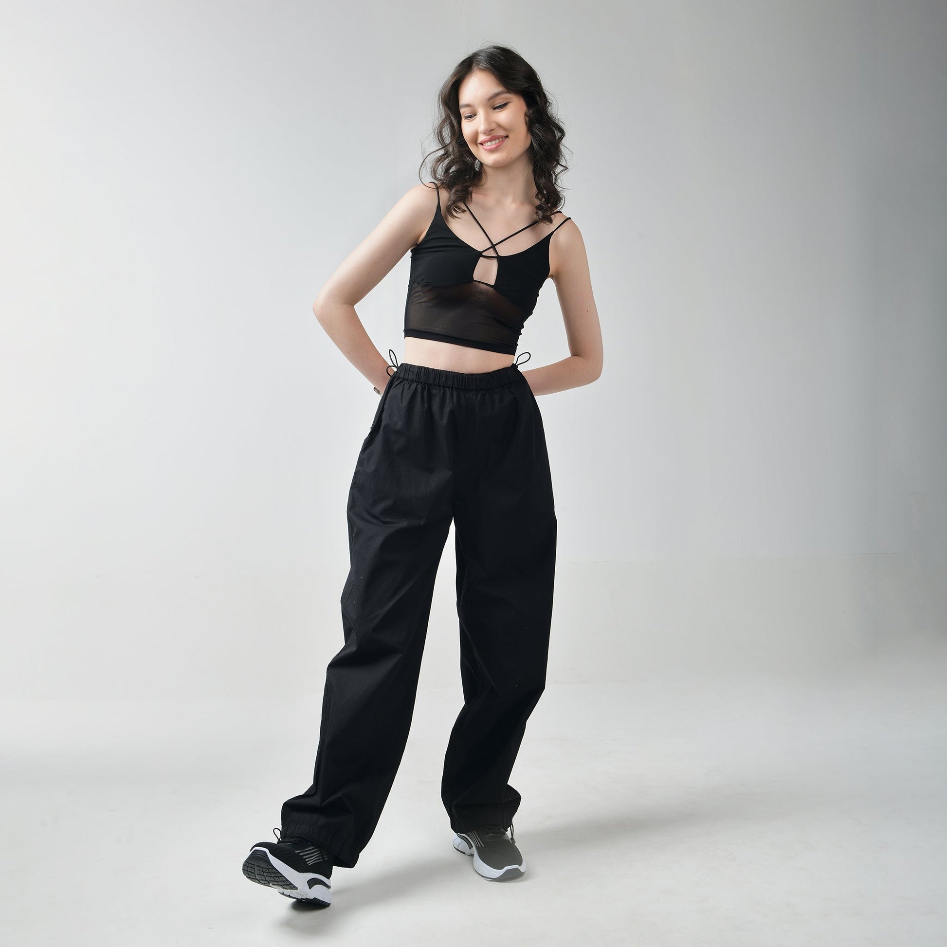 Mesh top and Black parachute pant set