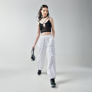 Black Mesh Top & White Parachute Pants Set