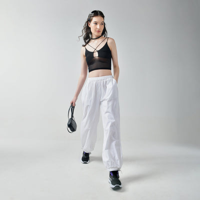Black Mesh Top & White Parachute Pants Set