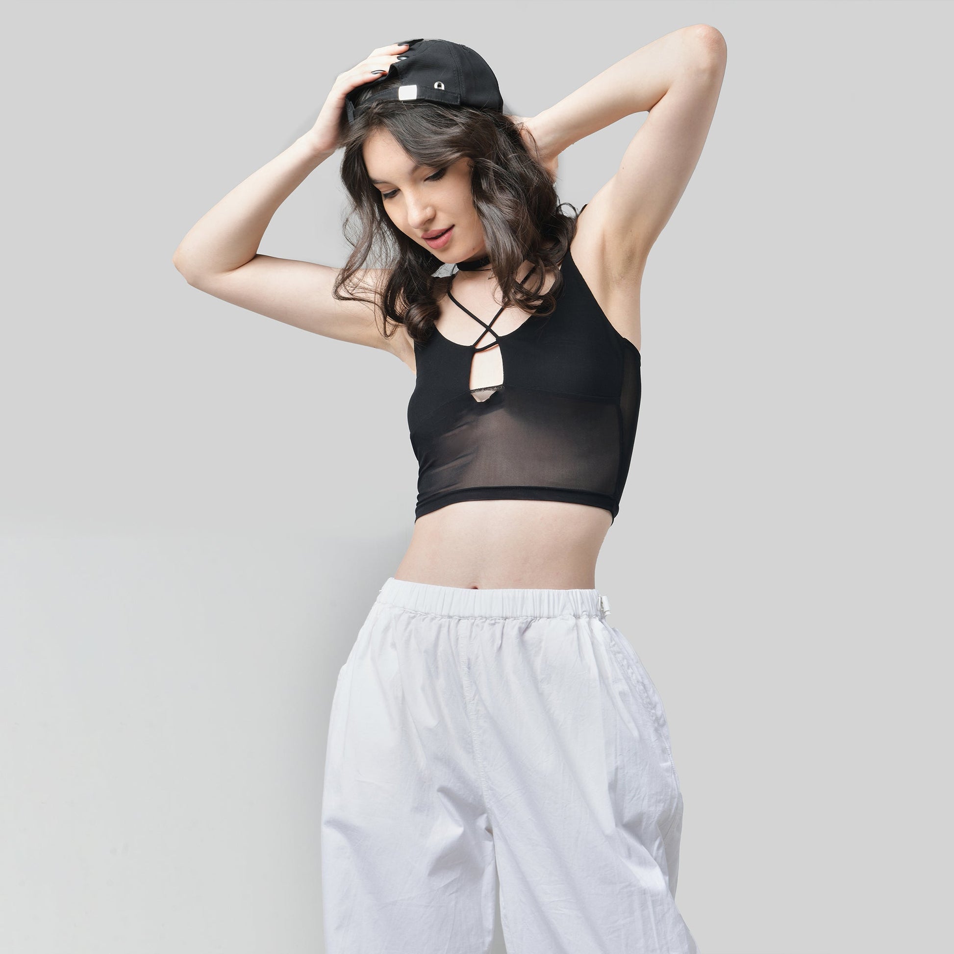 Black Mesh Top & White Parachute Pants