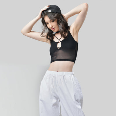 Black Mesh Top & White Parachute Pants Set