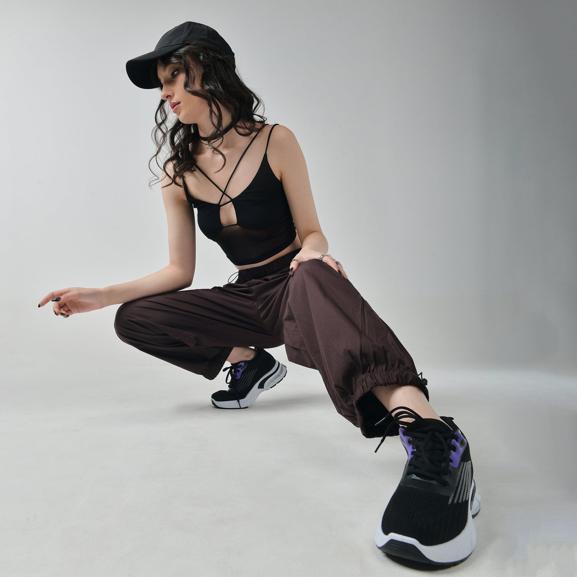 Mesh top and Brown parachute pant Set