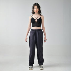 Black Mesh Top & Gunmetal Parachute Pants