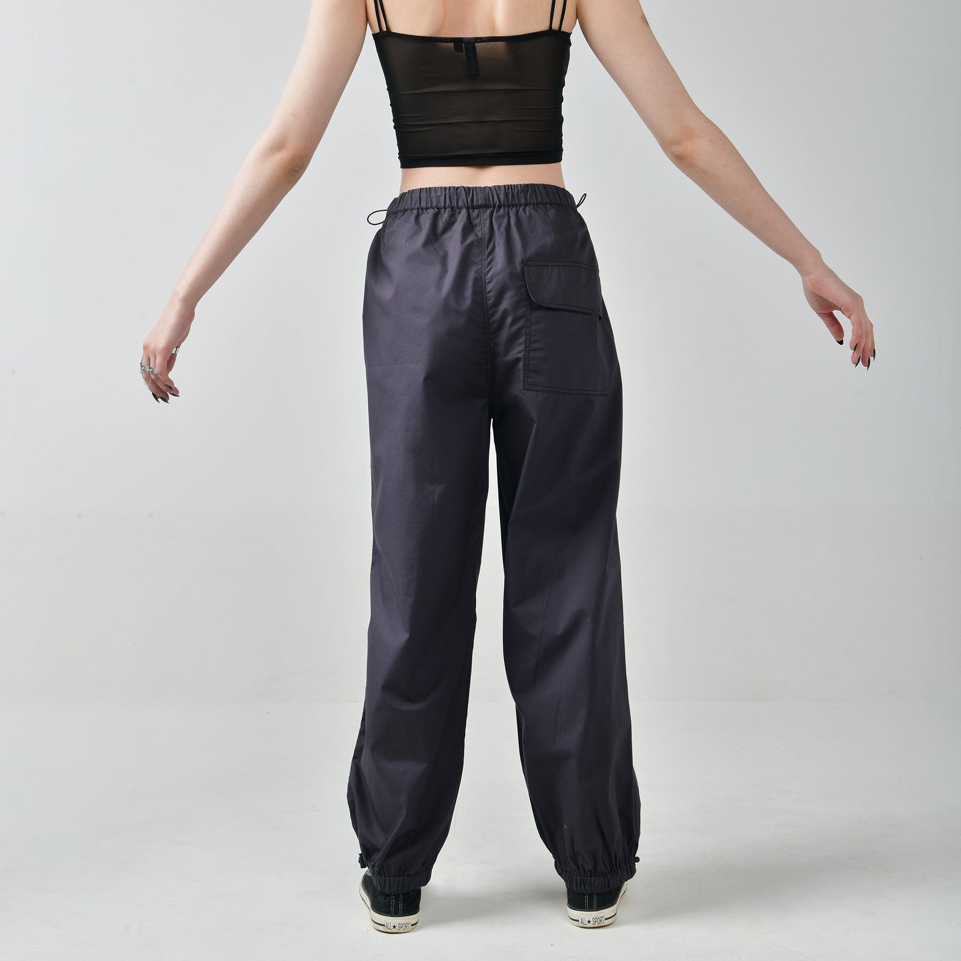 Mesh top and Gunmetal parachute pant set