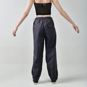 Black Mesh Top & Gunmetal Parachute Pants