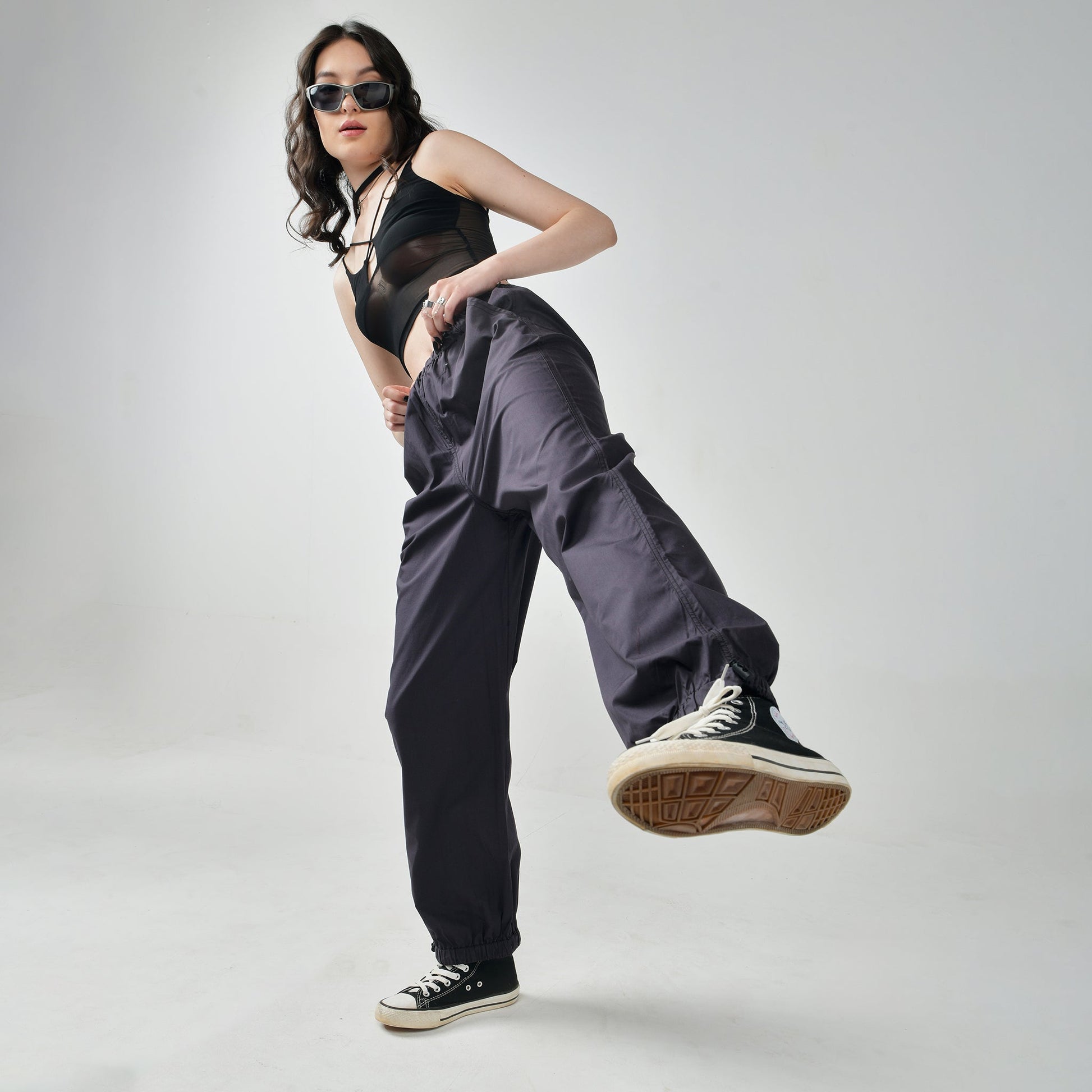 Black Mesh Top & Gunmetal Parachute Pants