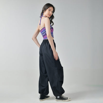 Pink  Halter Top & Black Air Parachute Pants Set