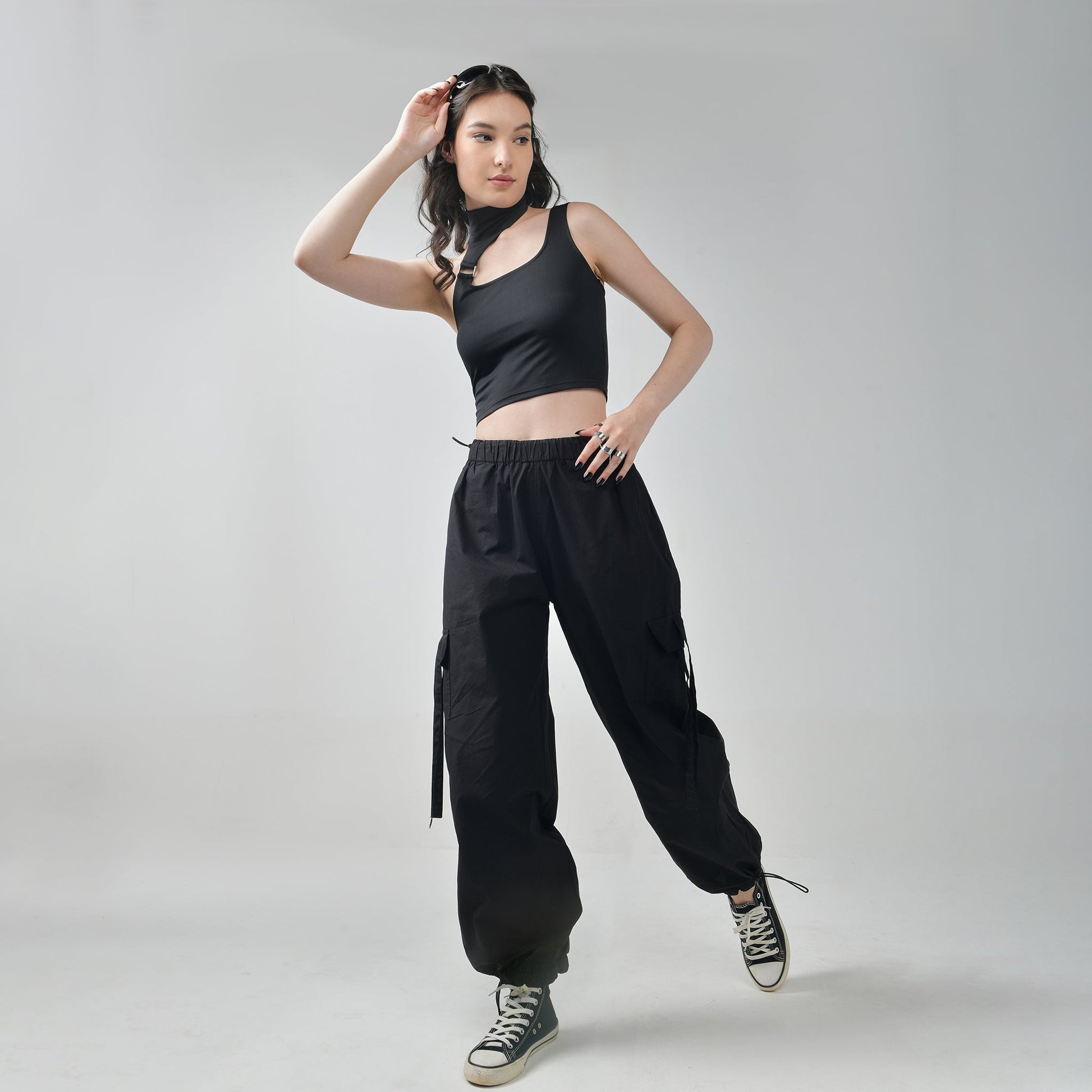 Black Buckle Top & Cargo Para Pants Black