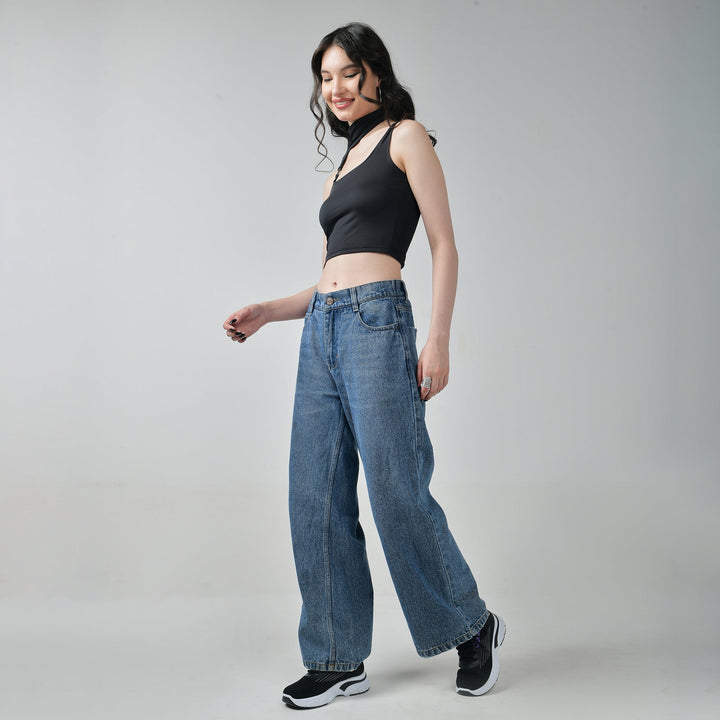 Baggy Jeans & Black Buckle Crop Top