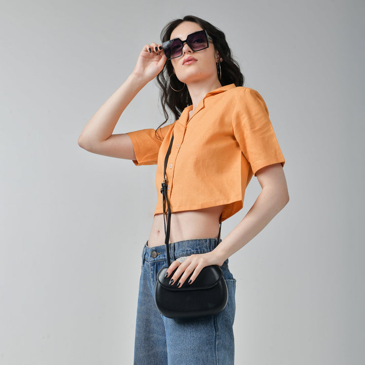 Baggy Jeans & Orange Crop Linen Shirt Set for Women