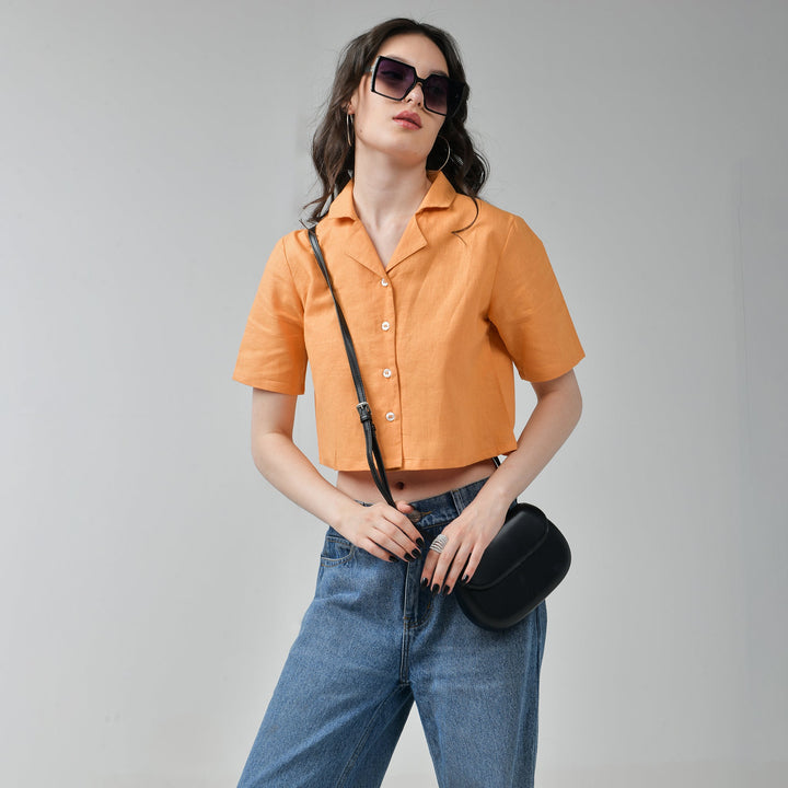 Baggy Jeans & Orange Crop Linen Shirt Set for Women