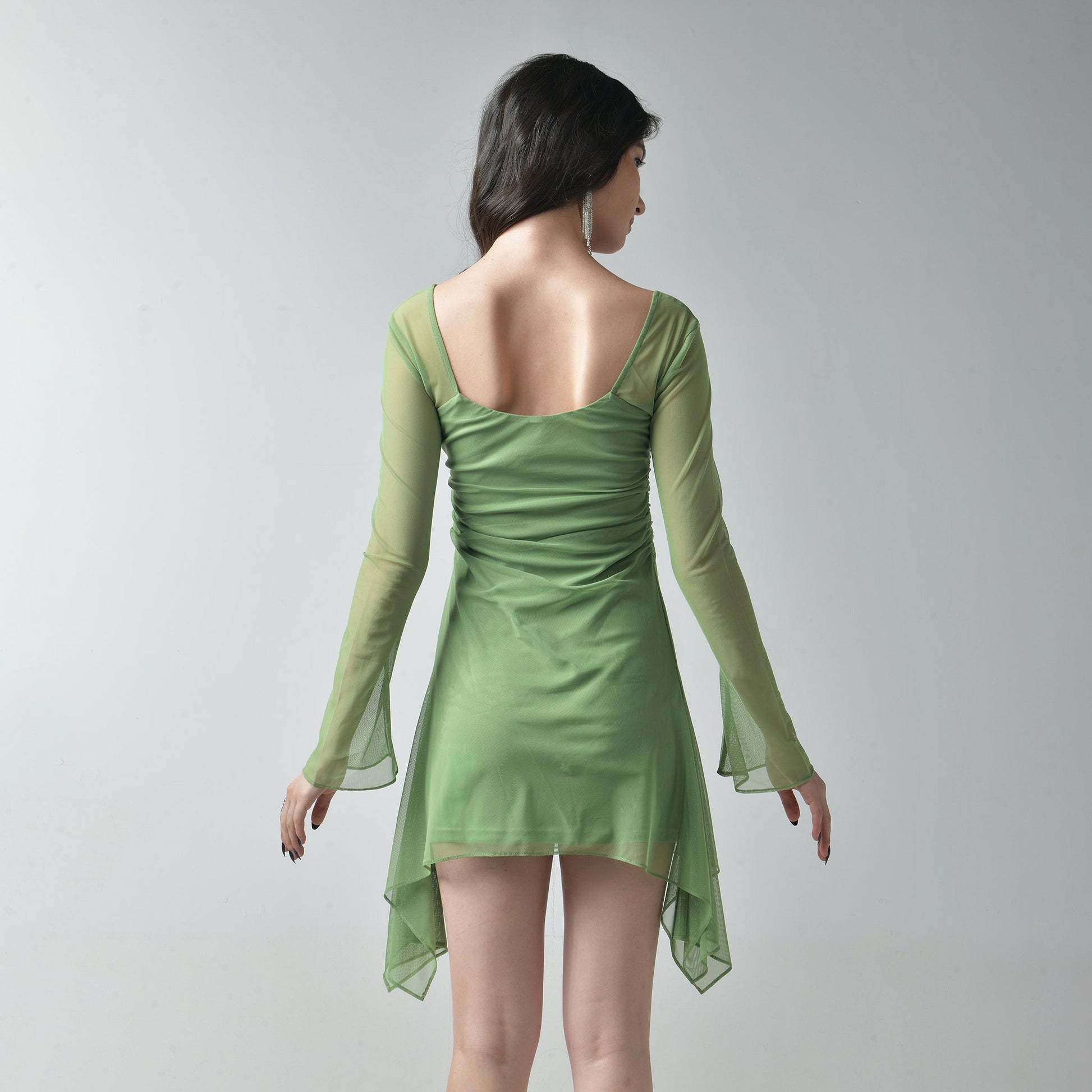 Green Square Neck Mesh Dress