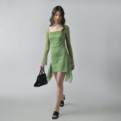 Green Square Neck Mesh Dress