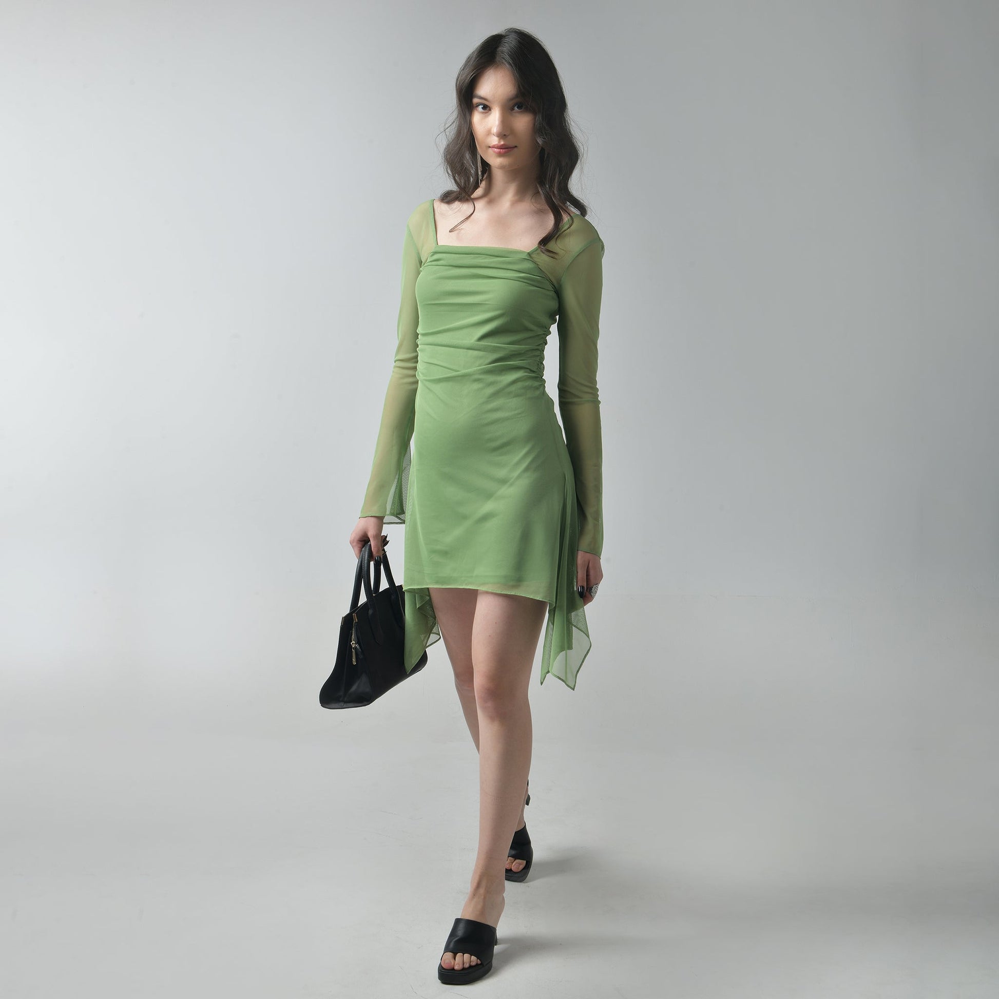 Green Square Neck Mesh Dress