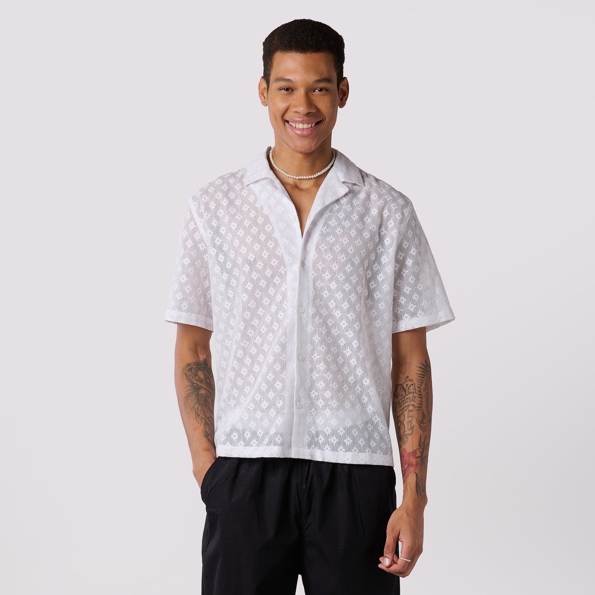White Textured Resort Collar Shirt