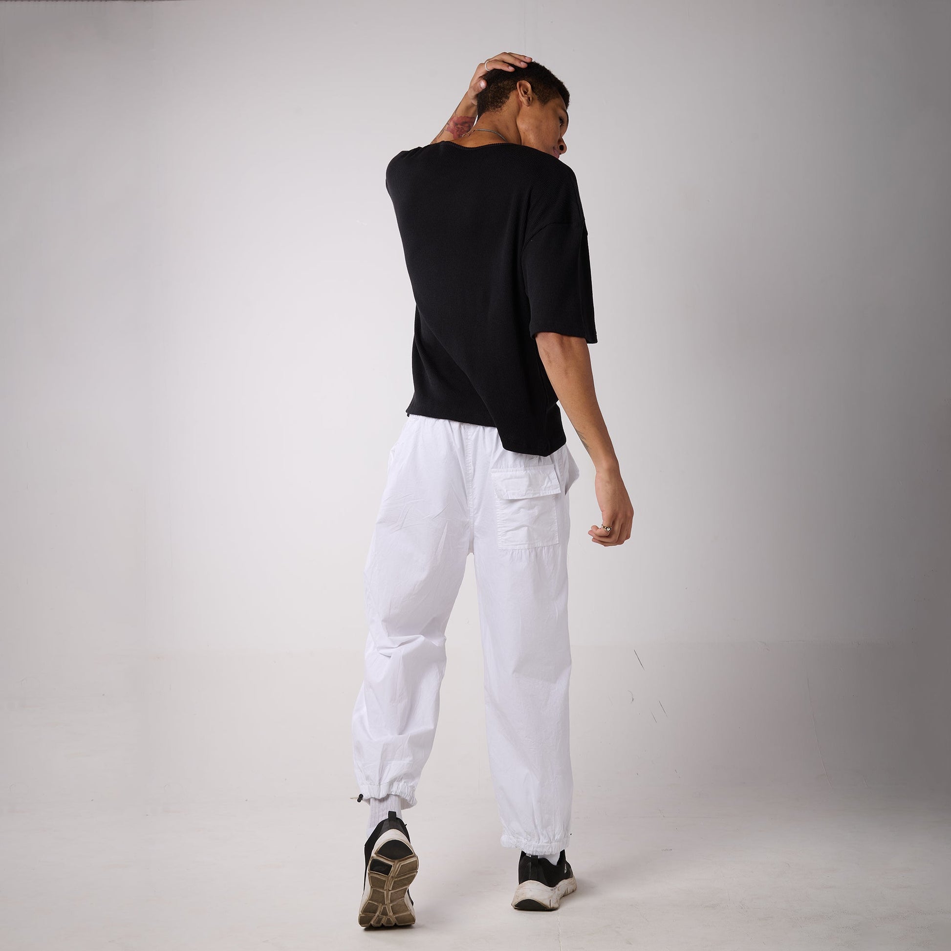White Parachute pants & Black Textured knit top Set