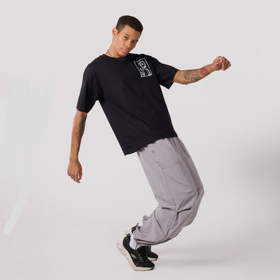 Grey Air Parachute Pants & Black oversized printed Tee Set