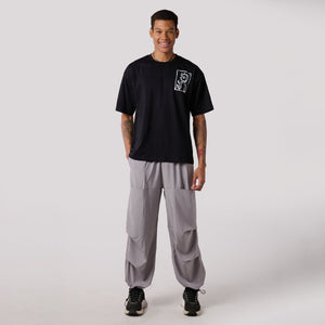 Grey Air Parachute Pants & Black oversized printed Tee Set