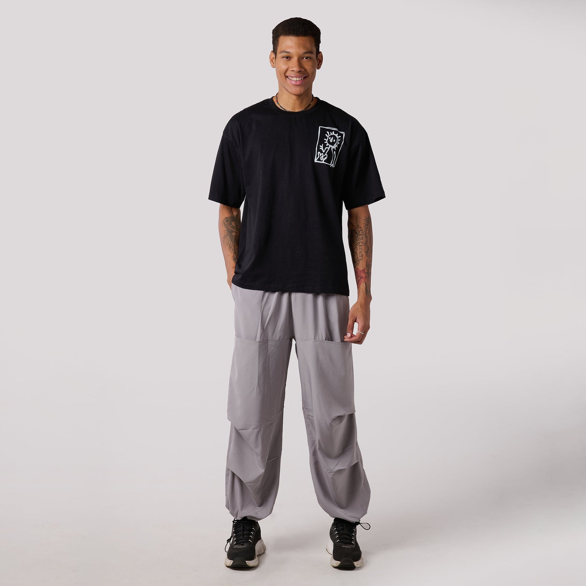 Grey Air Parachute Pants & Black oversized printed Tee Set
