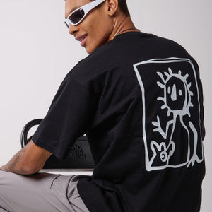 Grey Air Parachute Pants & Black oversized printed Tee Set