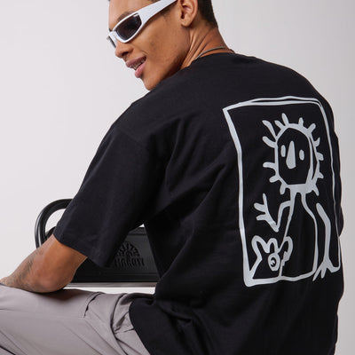 Grey Air Parachute Pants & Black oversized printed Tee Set