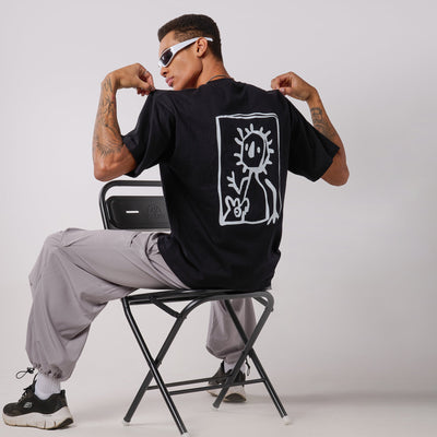 Grey Air Parachute Pants & Black oversized printed Tee Set