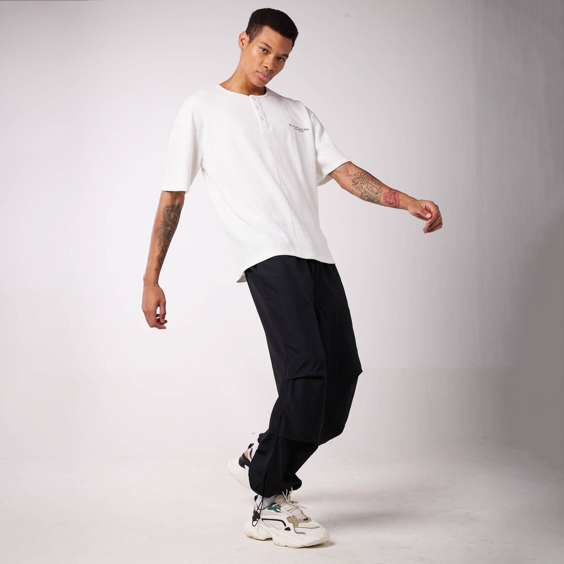 Black Air Parachute Pants & White Textured knit Tee Set