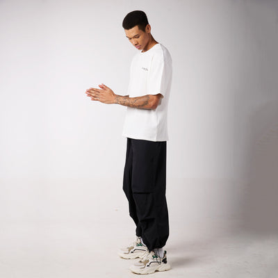 Black Air Parachute Pants & White Textured knit Tee Set