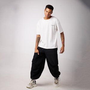 Black Air Parachute Pants & White Textured knit Tee Set