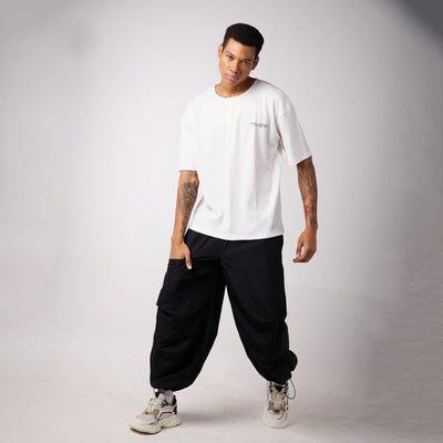 Black Air Parachute Pants & White Textured knit Tee Set