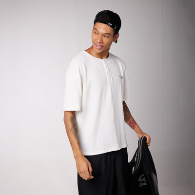 Black Air Parachute Pants & White Textured knit Tee Set