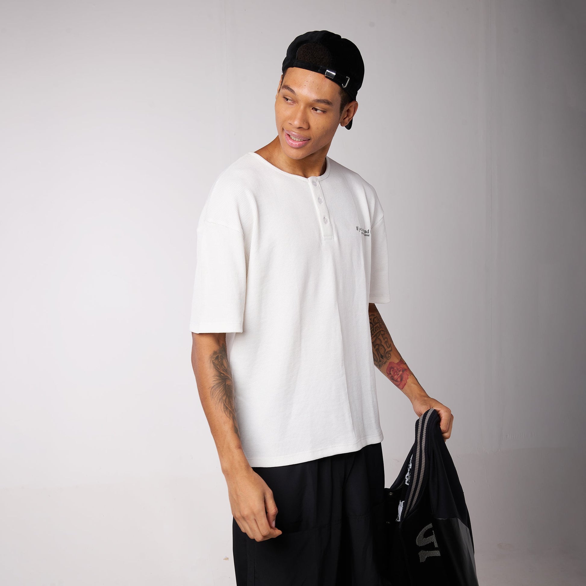 Black Air Parachute Pants & White Textured knit Tee Set