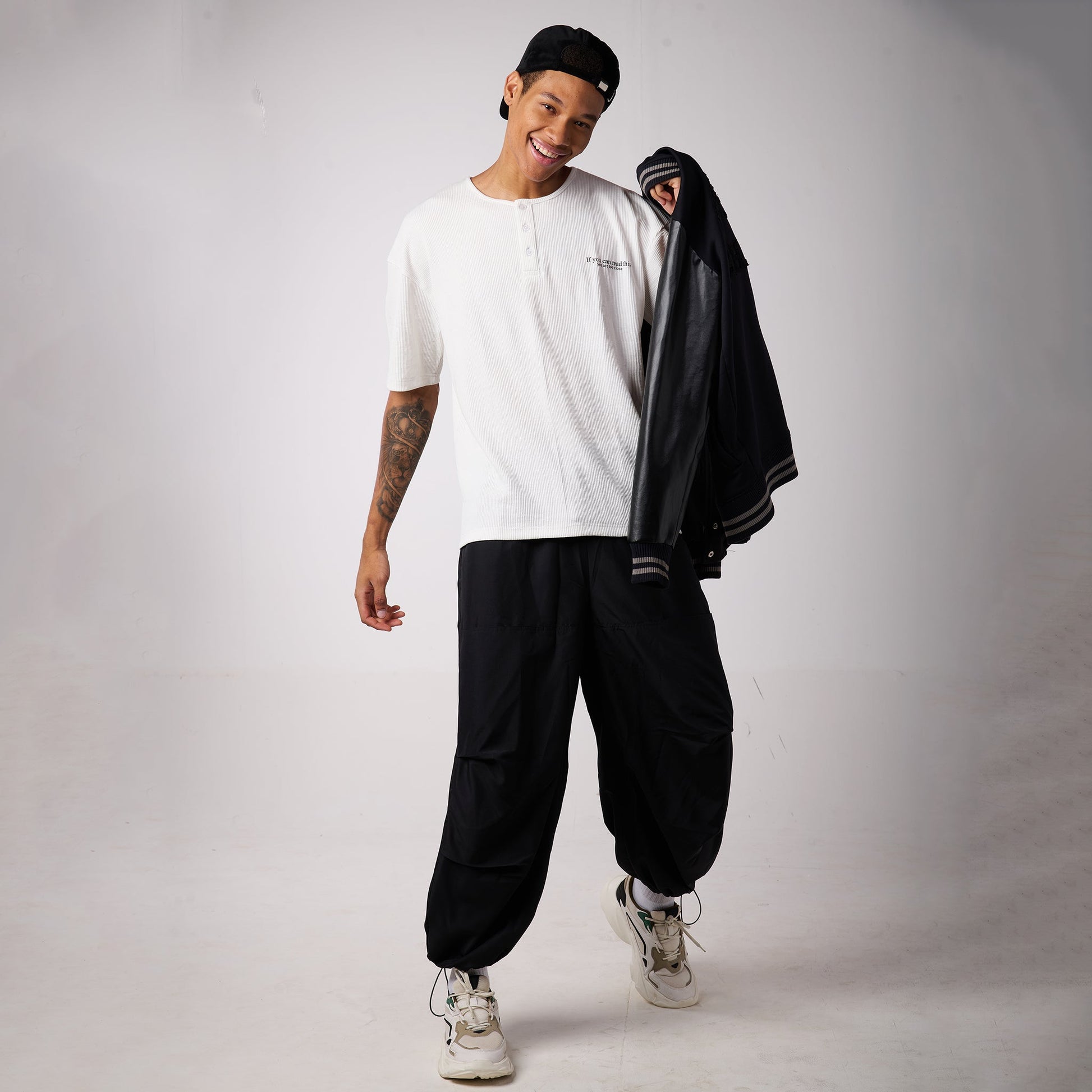 Black Air Parachute Pants & White Textured knit Tee Set