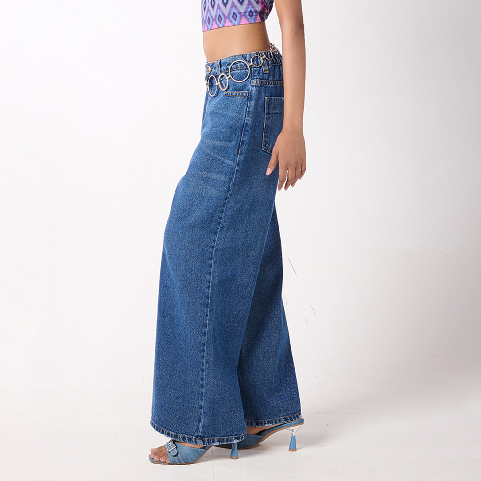Denim ruffle crop top clearance