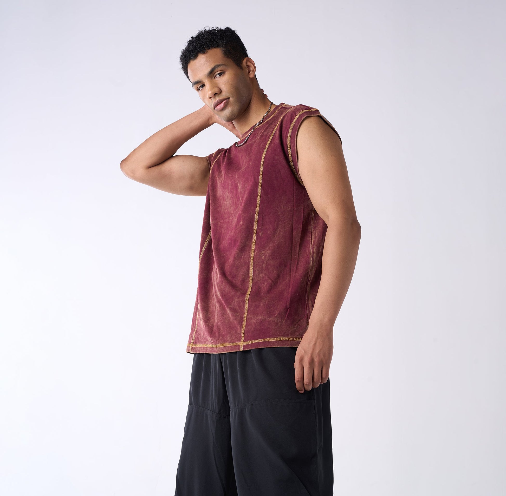 Crew neck oversized vest with contrast embroidery
