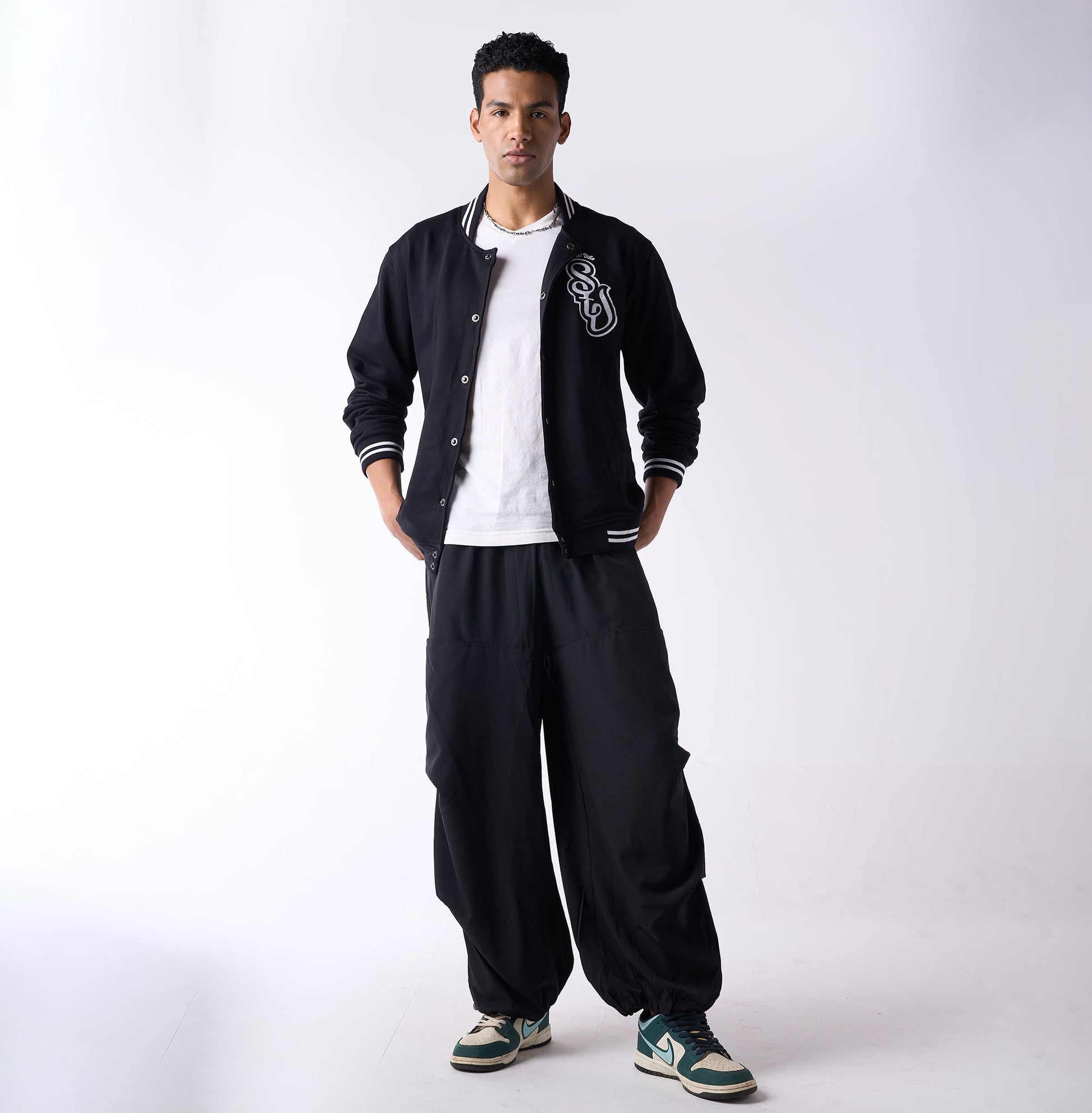Black monochrome varsity jacket
