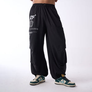 Black Printed Air Parachute Pants for Men