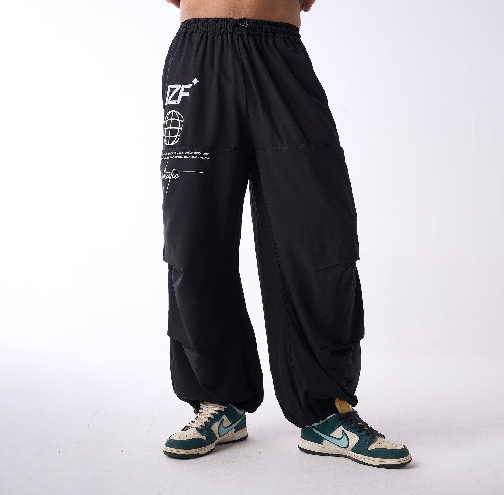 Black Printed Air Parachute Pants for Men