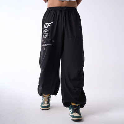 Black Printed Air Parachute Pants for Men