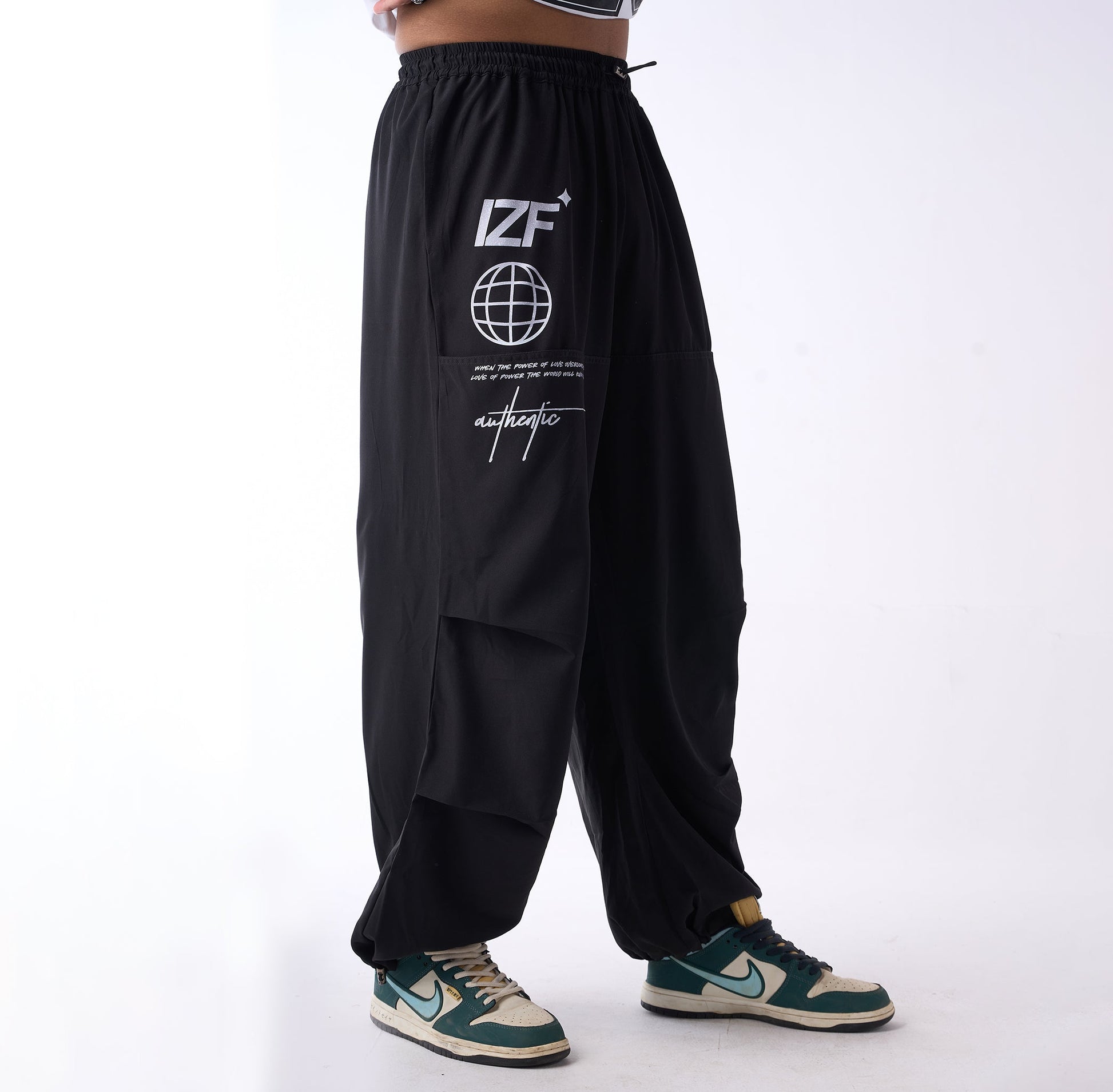 Black Printed Air Parachute Pants for Men