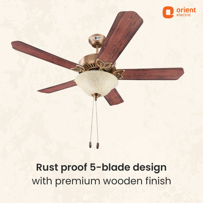 Subaris Solo Glass Shade & Wooden Finish Aluminium Blade Underlight Ceiling Fan