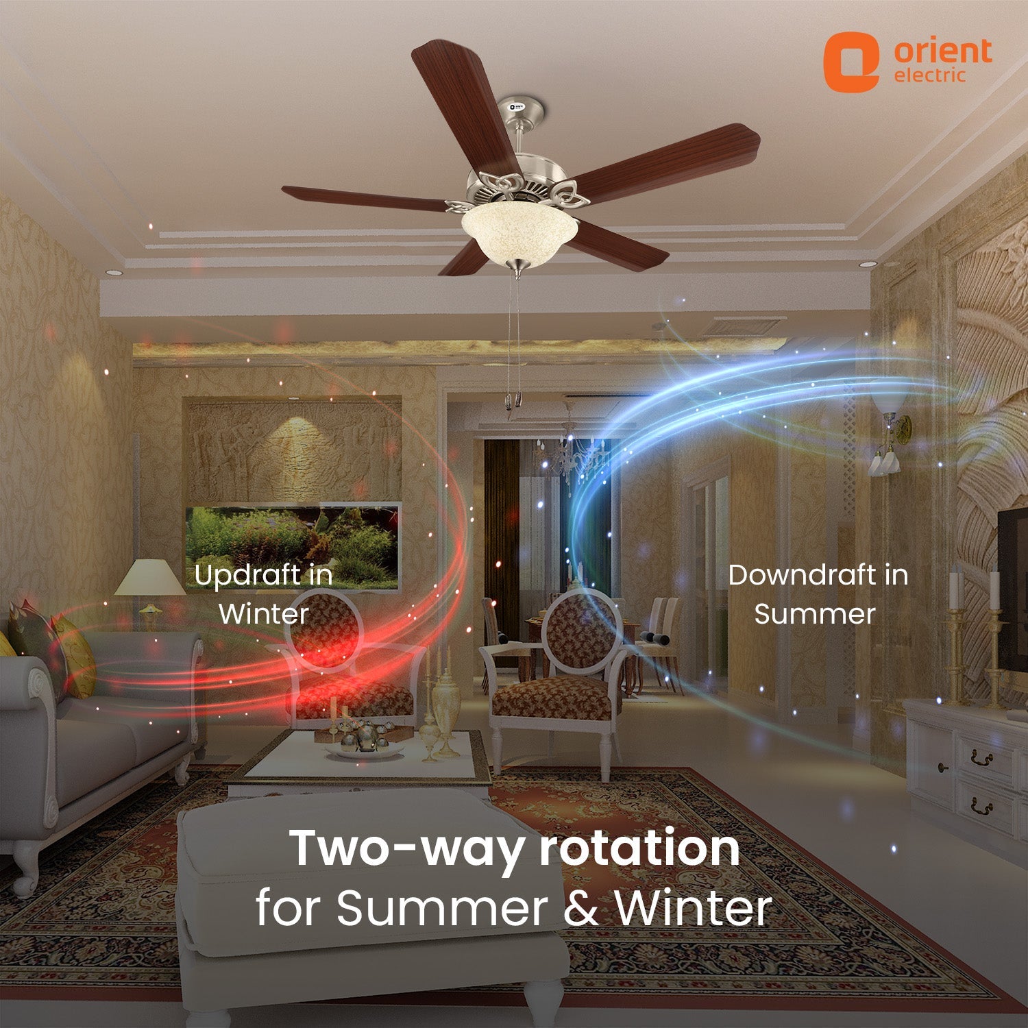 Subaris Solo Glass Shade & Wooden Finish Aluminium Blade Underlight Ceiling Fan