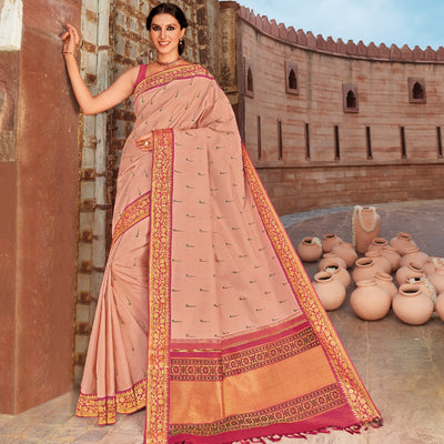 Peach Fuzz Handloom Natural Dyed Silk Saree With Muniya Buttas