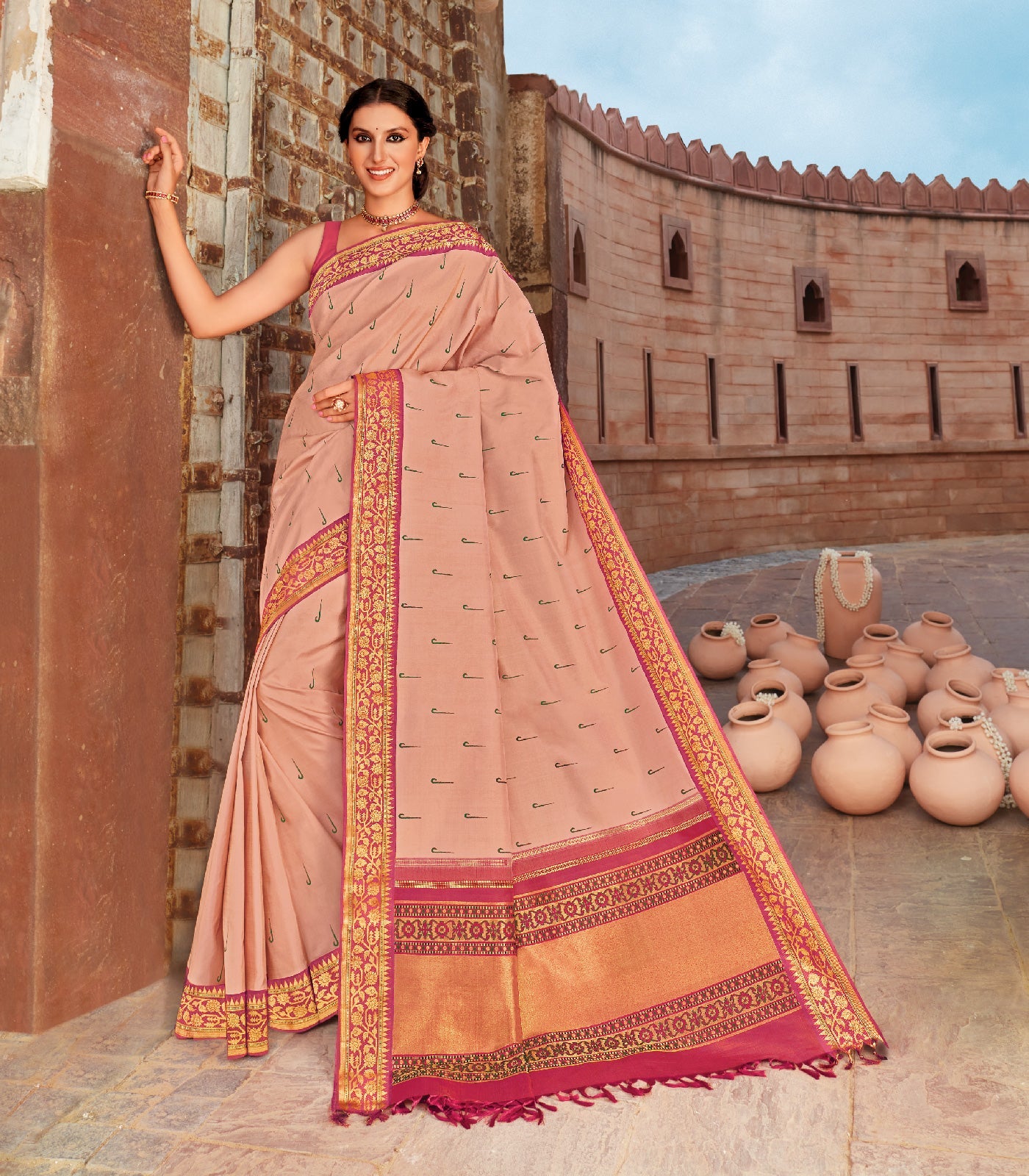 Peach Fuzz Handloom Natural Dyed Silk Saree With Muniya Buttas